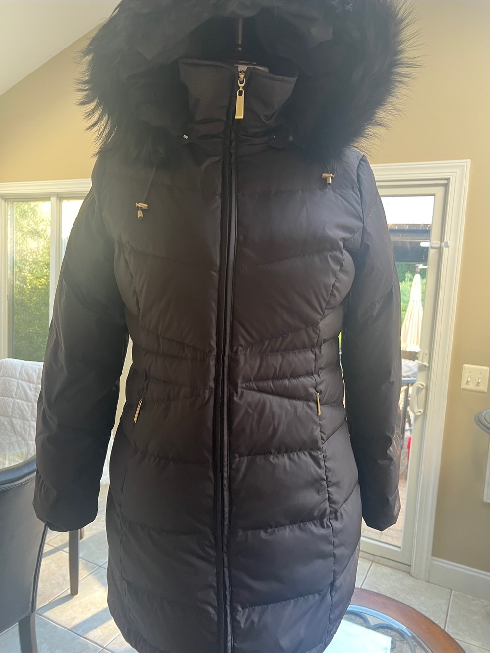 Ellen Tracy Quilted Puffer Coat Faux Fur Hood Jacket Black PS Petite Small